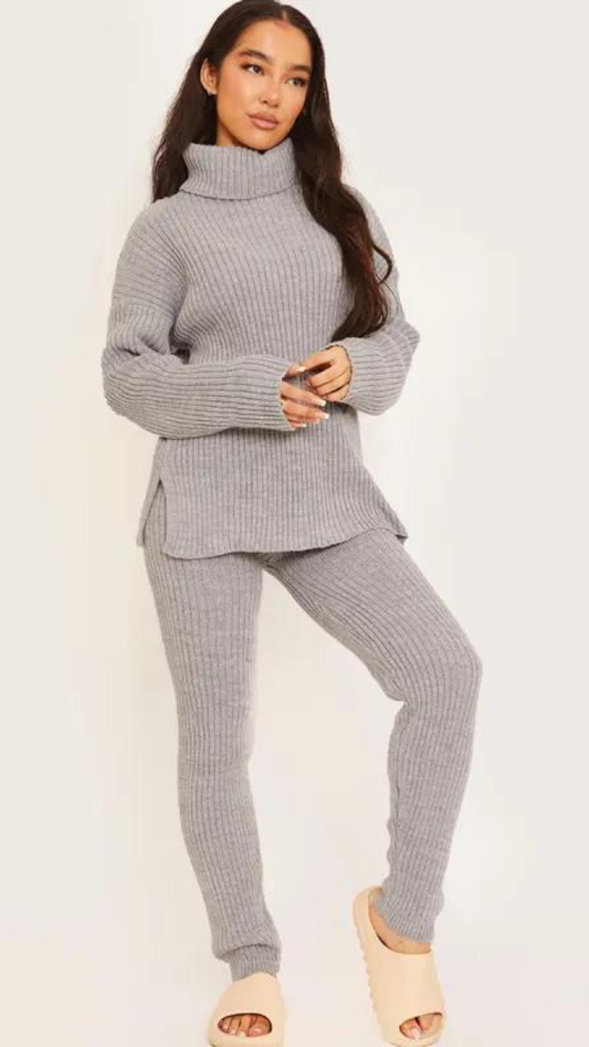 Gray Knitted Top and Pants Set